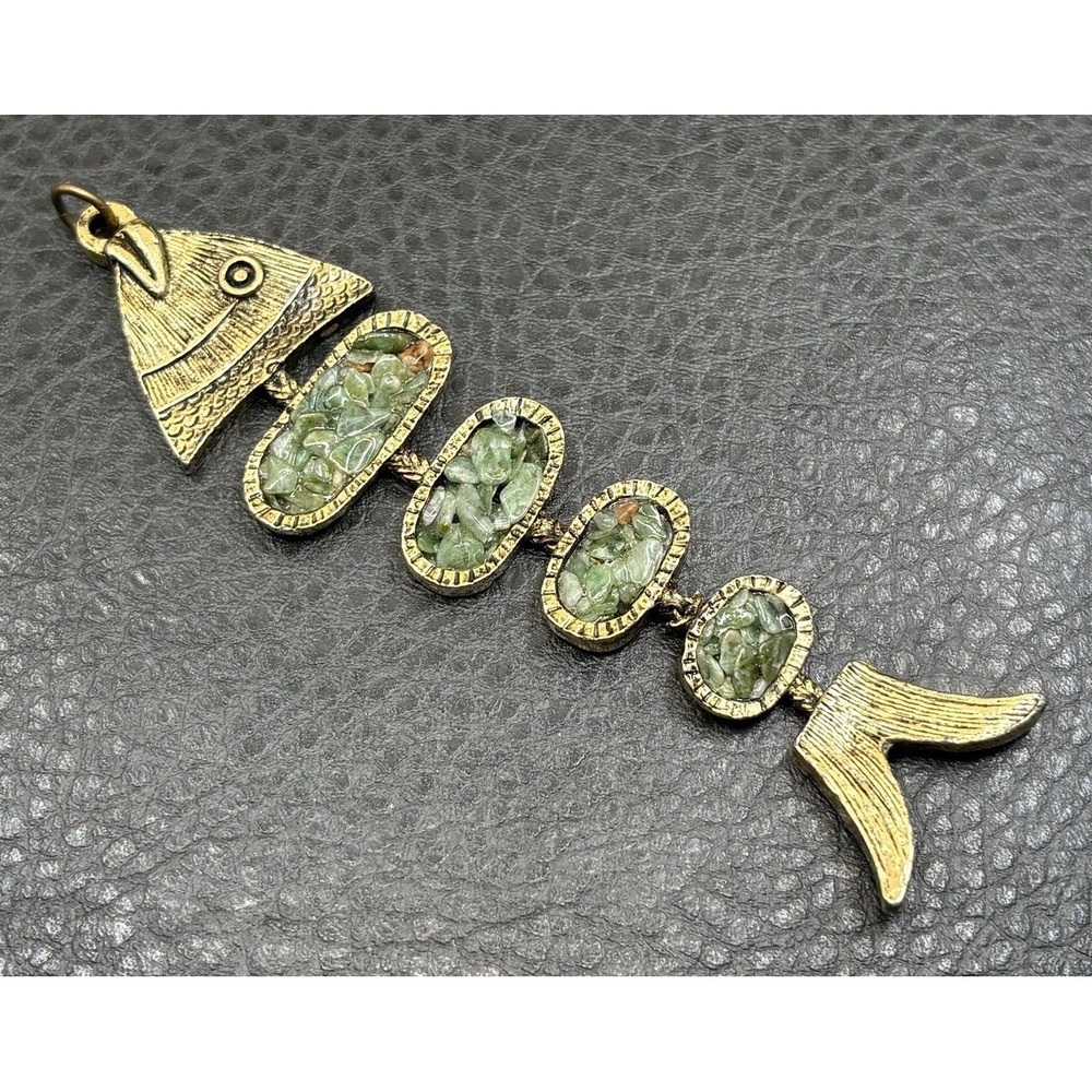 Vintage Large Estate Fish Pendant Green Stone Inlay Gold Tone Boho Statement